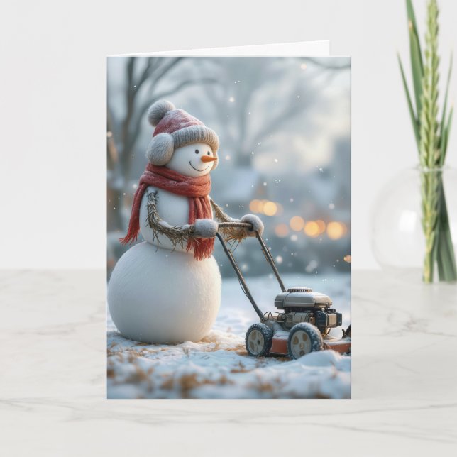 Birthday Snowman Pushing a Lawnmäwer Karte (Vorderseite)