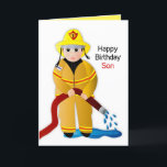 Birthday Son Feuerwehrmann mit Wasserschlauchkarte Karte<br><div class="desc">Spaß,  hell und so niedlich ist dieser kleine Feuerwehrmann in vollem Gang.  Sehen Sie andere Kategorien wie Einladungen,  Tasse,  T - Shirt kommen bald.</div>