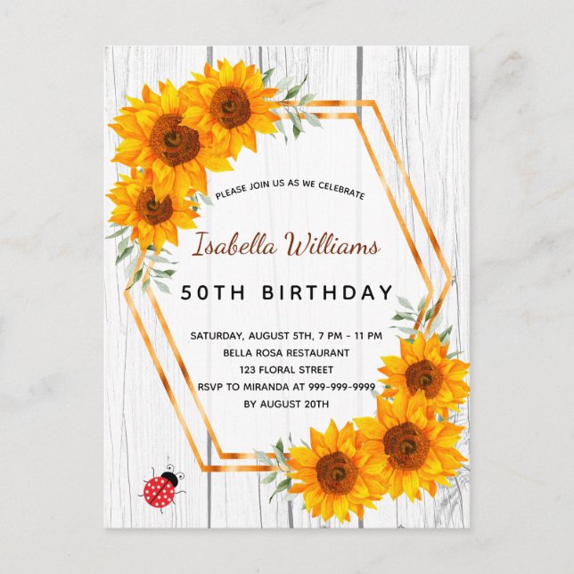 Birthday Sonnenblumen rustikales weißes Holz Einla Postkarte (Vorderseite)
