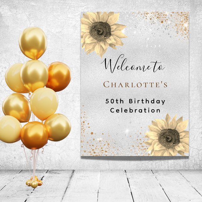 Birthday Sonnenblumen Silber Gold Glitzer Empfang Poster (Von Creator hochgeladen)