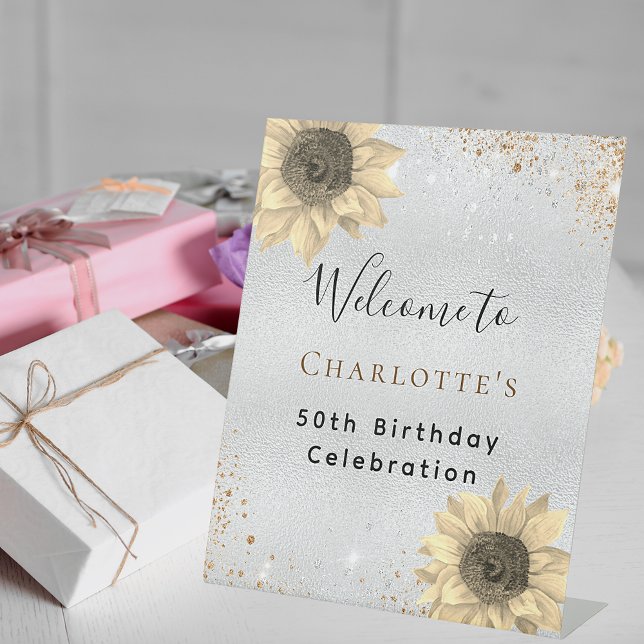 Birthday Sonnenblumen Silber Gold Glitzer Empfang Sockelschild (Von Creator hochgeladen)
