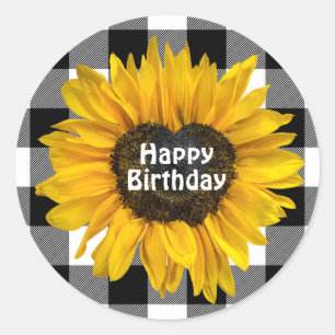 Birthday Sonnenblumenherz auf Buffalo Kariert Runder Aufkleber