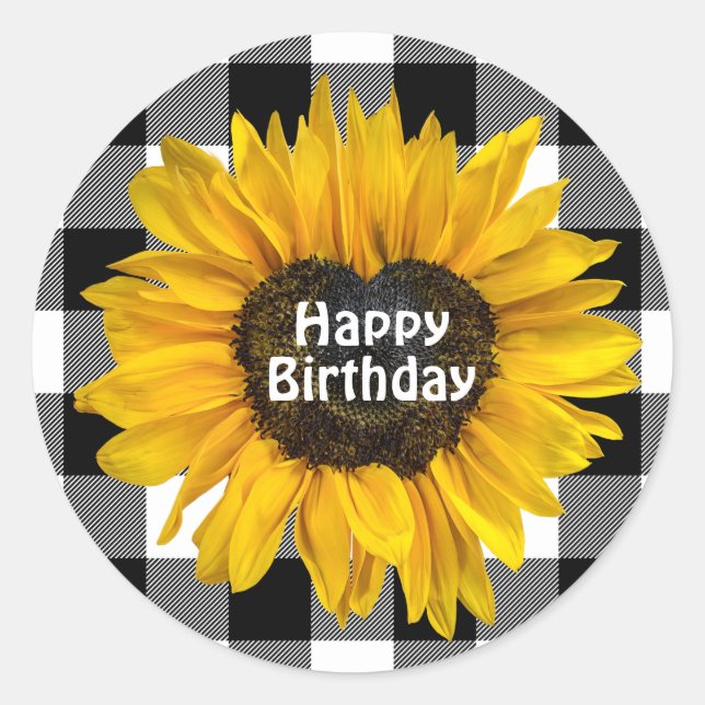 Birthday Sonnenblumenherz auf Buffalo Kariert Runder Aufkleber (Vorderseite)