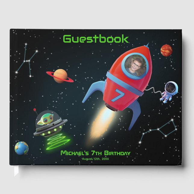 Birthday Space Rocket Foto | Astronaut UFO Alien Gästebuch (Vorderseite)