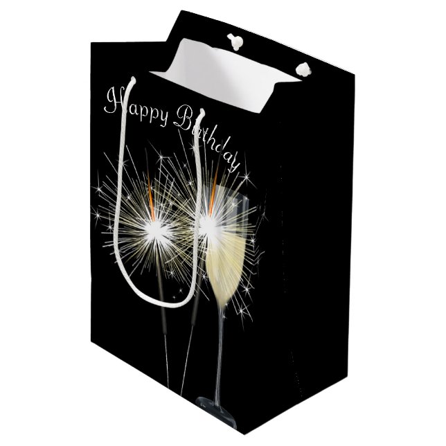 Birthday Sparkler mit Wein Mittlere Geschenktüte (Vorderseite Schrägansicht)