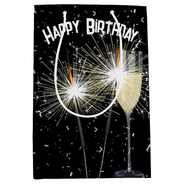 Birthday Sparkler und Confetti mit Wein Mittlere Geschenktüte (Vorderseite)