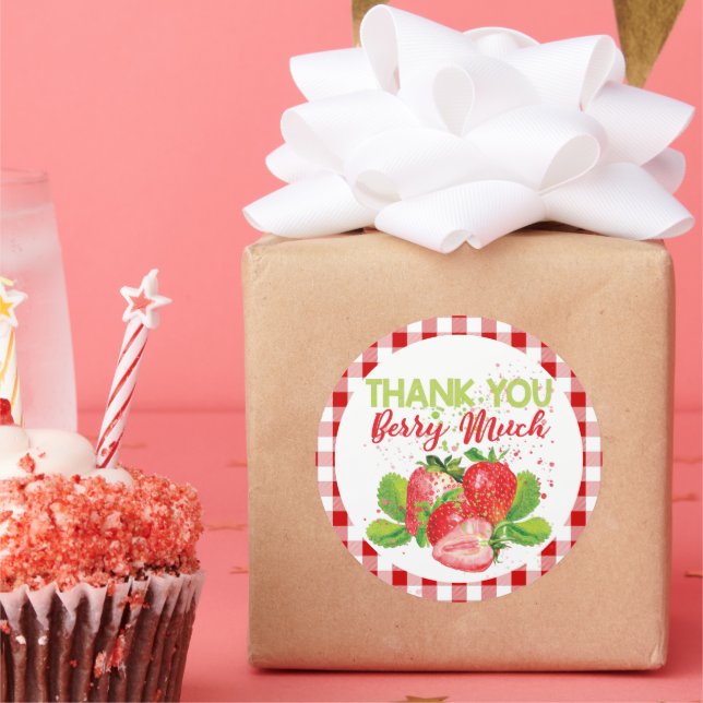 Birthday Strawberry Thema Kariert Danke Runder Aufkleber (Party)