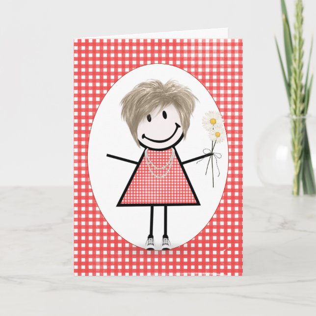 Birthday Strichmännchen Girl on Red Gingham Karte (Vorderseite)