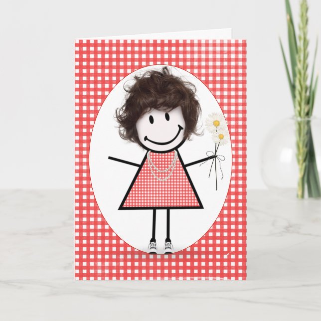 Birthday Strichmännchen Girl on Red Gingham Karte (Vorderseite)