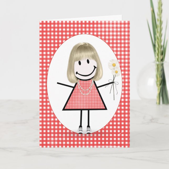 Birthday Strichmännchen Girl on Red Gingham Karte (Vorderseite)