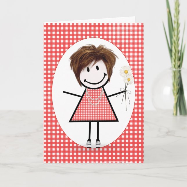 Birthday Strichmännchen Girl on Red Gingham Karte (Vorderseite)
