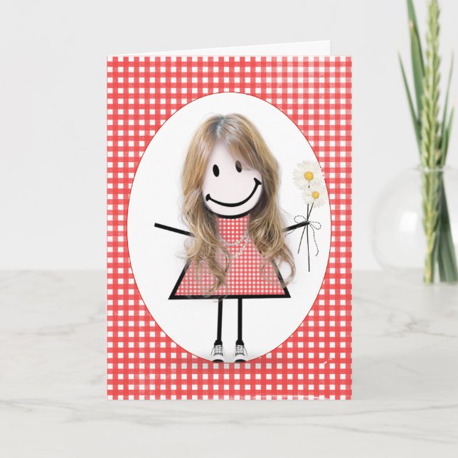 Birthday Strichmännchen Girl on Red Gingham Karte (Vorderseite)