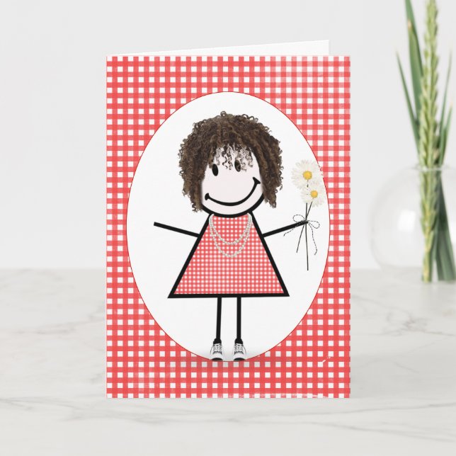 Birthday Strichmännchen Girl on Red Gingham Karte (Vorderseite)