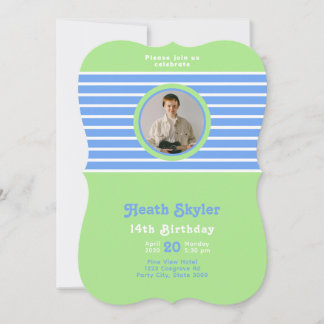Birthday Stripes Blue ⎮ White Green Einladung