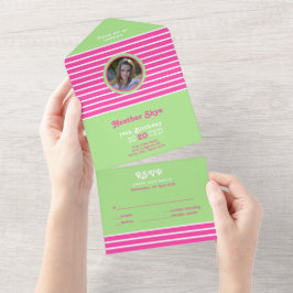 Birthday Stripes Pink ⎮ White Green All In One Einladung