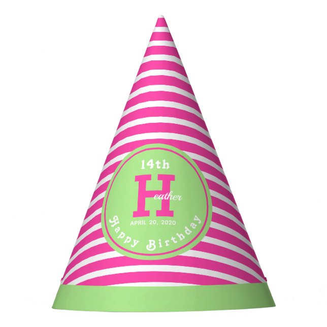 Birthday Stripes Pink ⎮ White Green Party Hat Partyhütchen (Vorderseite)