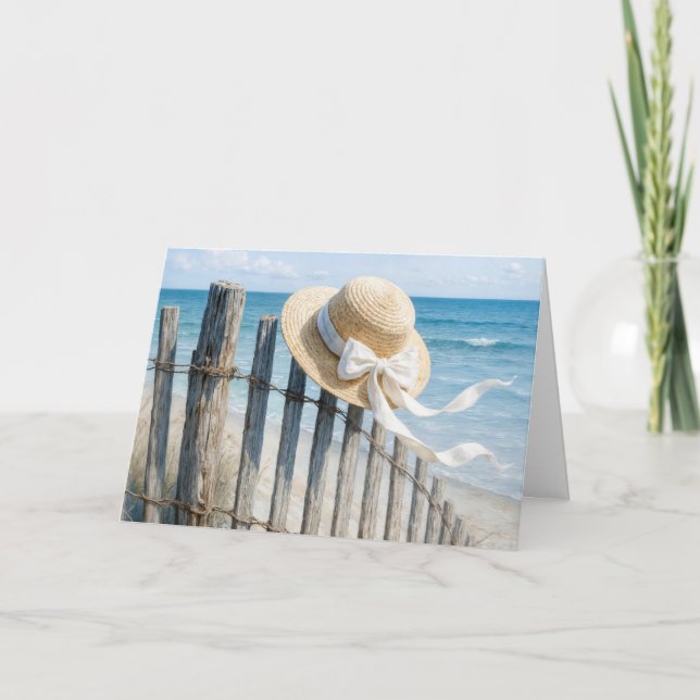 Birthday Summer Straw Hat On Beach Fence Karte (Vorderseite)
