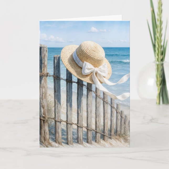 Birthday Summer Straw Hat On Beach Fence Karte (Vorderseite)