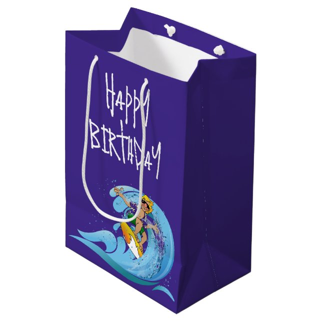 Birthday Surfer on Wave Mittlere Geschenktüte (Vorderseite Schrägansicht)