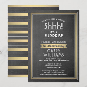 Birthday Surprise Party Black Chalkboard und Gold Einladung