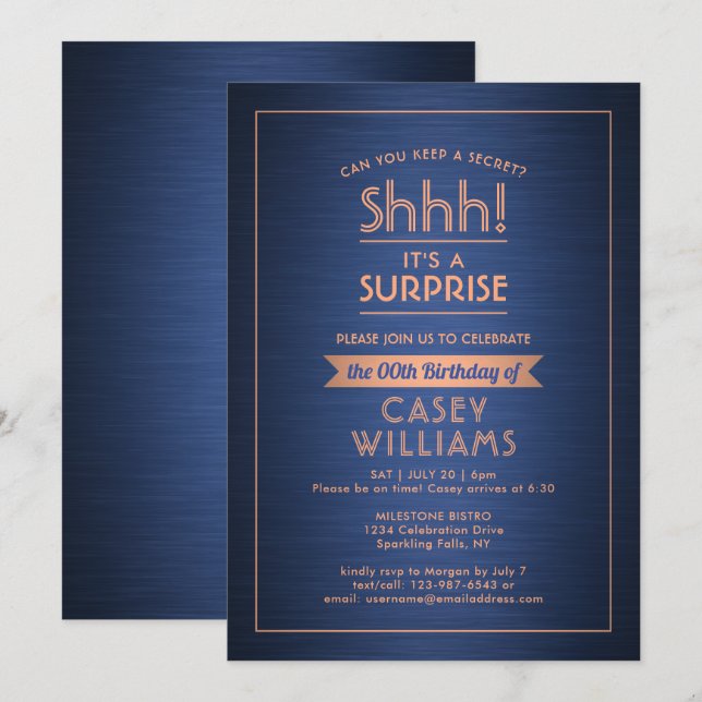 Birthday Surprise Party Brushed Navy Blue & Copper Einladung (Vorne/Hinten)