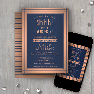 Birthday Surprise Party Elegante Navy Blue & Coppe Einladung