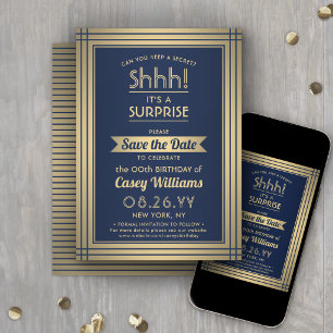 Birthday Surprise Party Elegante Navy Blue und Gol Save The Date