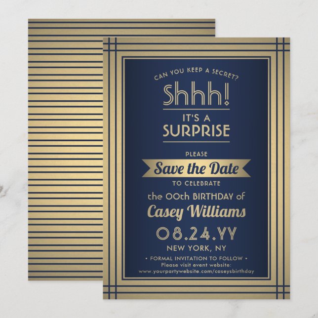 Birthday Surprise Party Elegante Navy Blue und Gol Save The Date (Vorne/Hinten)