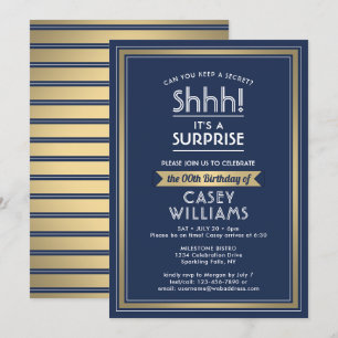 Birthday Surprise Party Navy Blue, White und Gold Einladung