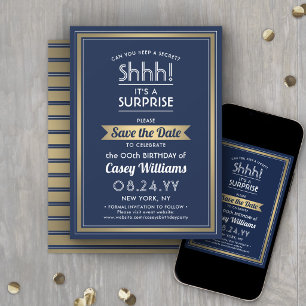 Birthday Surprise Party Navy Blue, White und Gold Save The Date