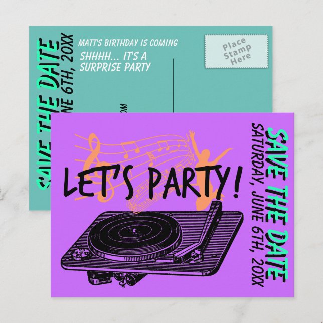 Birthday Surprise Partys 60er Save the Date Ankündigungspostkarte (Vorne/Hinten)