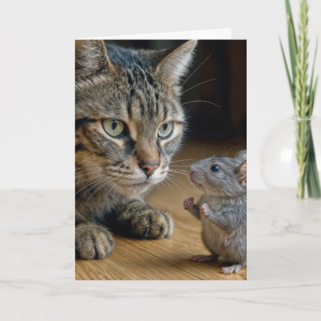 Birthday Tabby Cat With Brave Mouse Karte (Vorderseite)