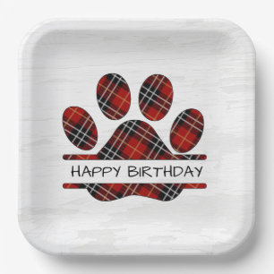 Birthday Tartan Kariert Paw Print Pappteller