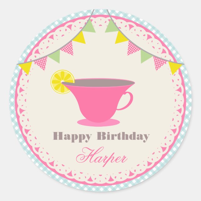 Birthday Tea Party Blue Gingham Runder Aufkleber (Vorderseite)