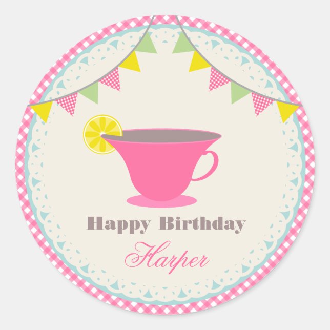 Birthday Tea Party Pink Gingham Runder Aufkleber (Vorderseite)
