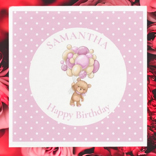 Birthday Teddy Bear PINK Balloons Serviette (Planning A Party Is Fun When You Shop With Us. Find Everything You Need)