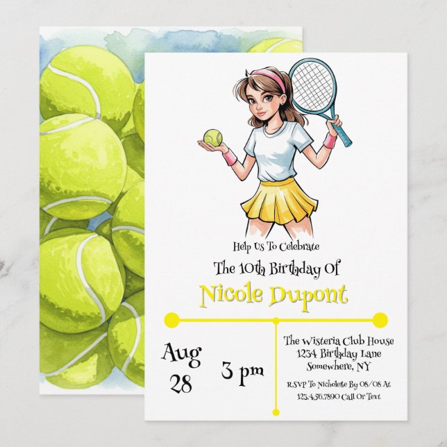 Birthday Tennis Ball Girl Celebration Einladung (Vorne/Hinten)
