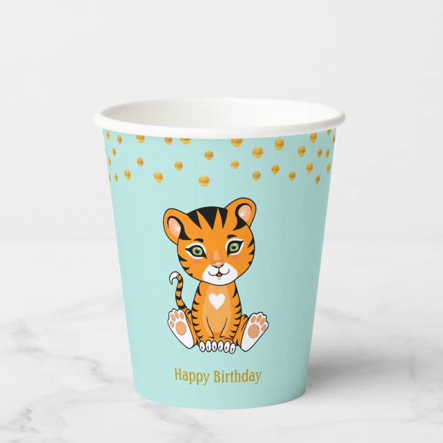 Birthday Tiger Cartoon & Gold Confetti Party Pappbecher (Vorderseite)