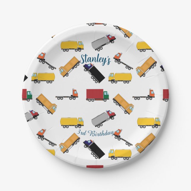 Birthday Truck Muster von White Yellow Boys Pappteller (Vorderseite)