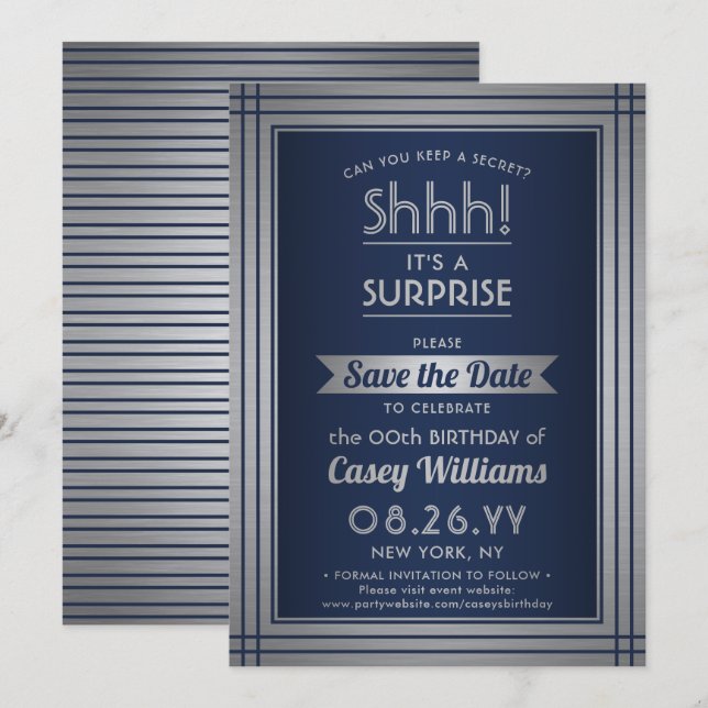Birthday Überraschung Party Shhh! Elegant Navy Blu Save The Date (Vorne/Hinten)