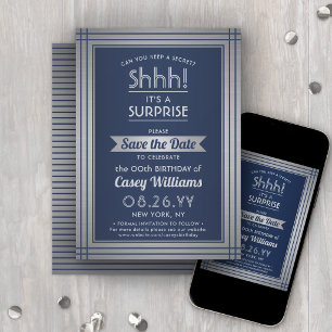 Birthday Überraschung Party Shhh! Elegant Navy Blu Save The Date