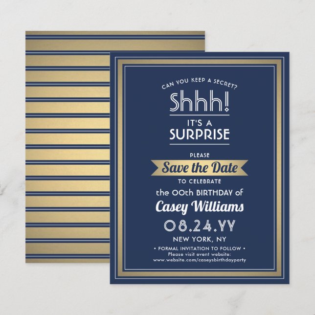Birthday Überraschung Party Shhh! Navy Blue und Go Save The Date (Vorne/Hinten)