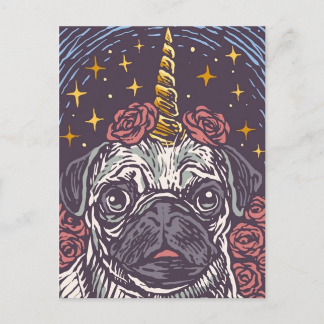 Birthday Unicorn Mops Postkarte (Vorderseite)