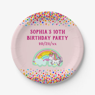 Birthday Unicorn Rainbow Confetti Pink Pappteller