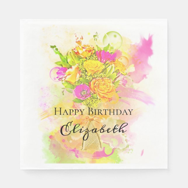 Birthday Watercolor Blume Bouquet Serviette (Vorderseite)