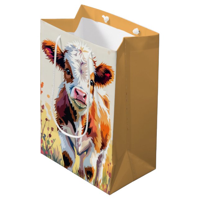 Birthday Watercolor Calf In Field Flowers Mittlere Geschenktüte (Vorderseite Schrägansicht)