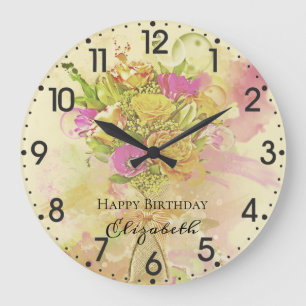 Birthday Watercolor Flower Bouquet Große Wanduhr