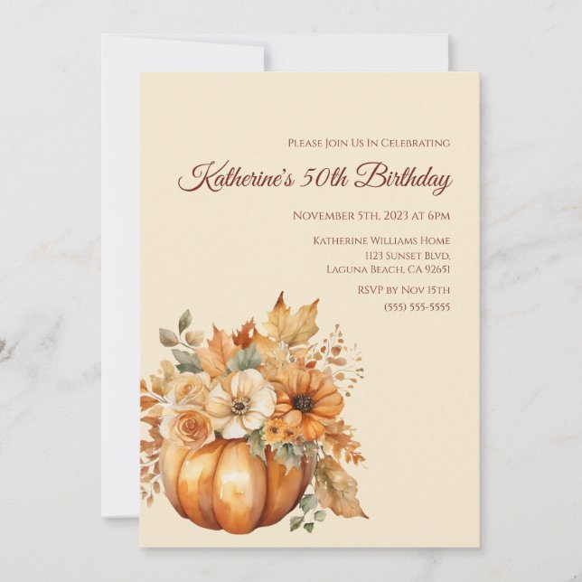 Birthday-Watercolor Pumpkin und Blume- Einladung (Vorderseite)