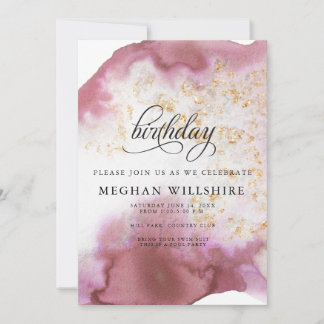 Birthday Watercolor Rose Quartz Gold Geode Einladung