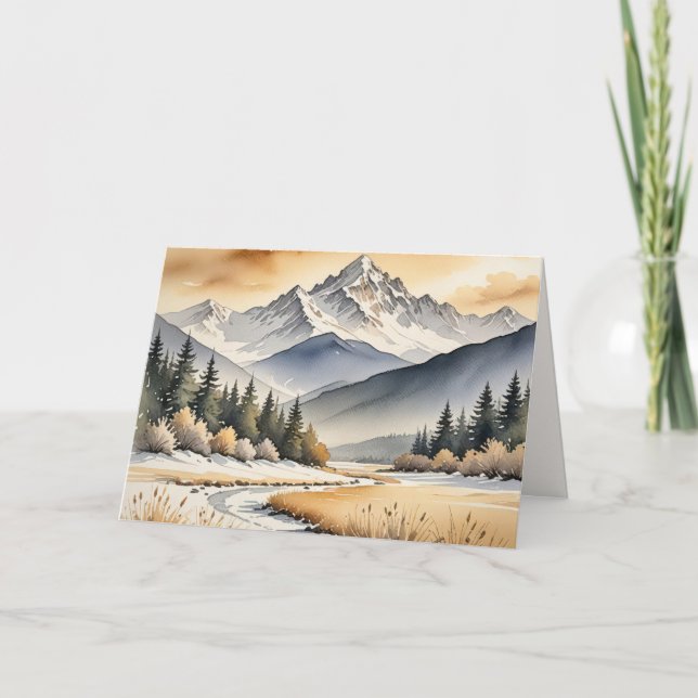 Birthday Watercolor Winter Mountain Valley Karte (Vorderseite)